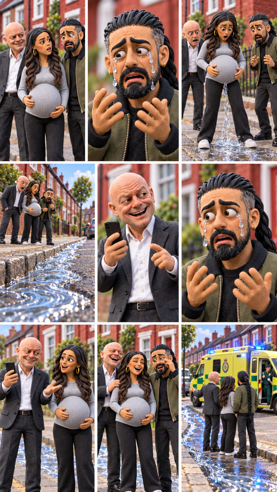 Nine-scene EastEnders-style claymation storyboard featuring three characters on a British street