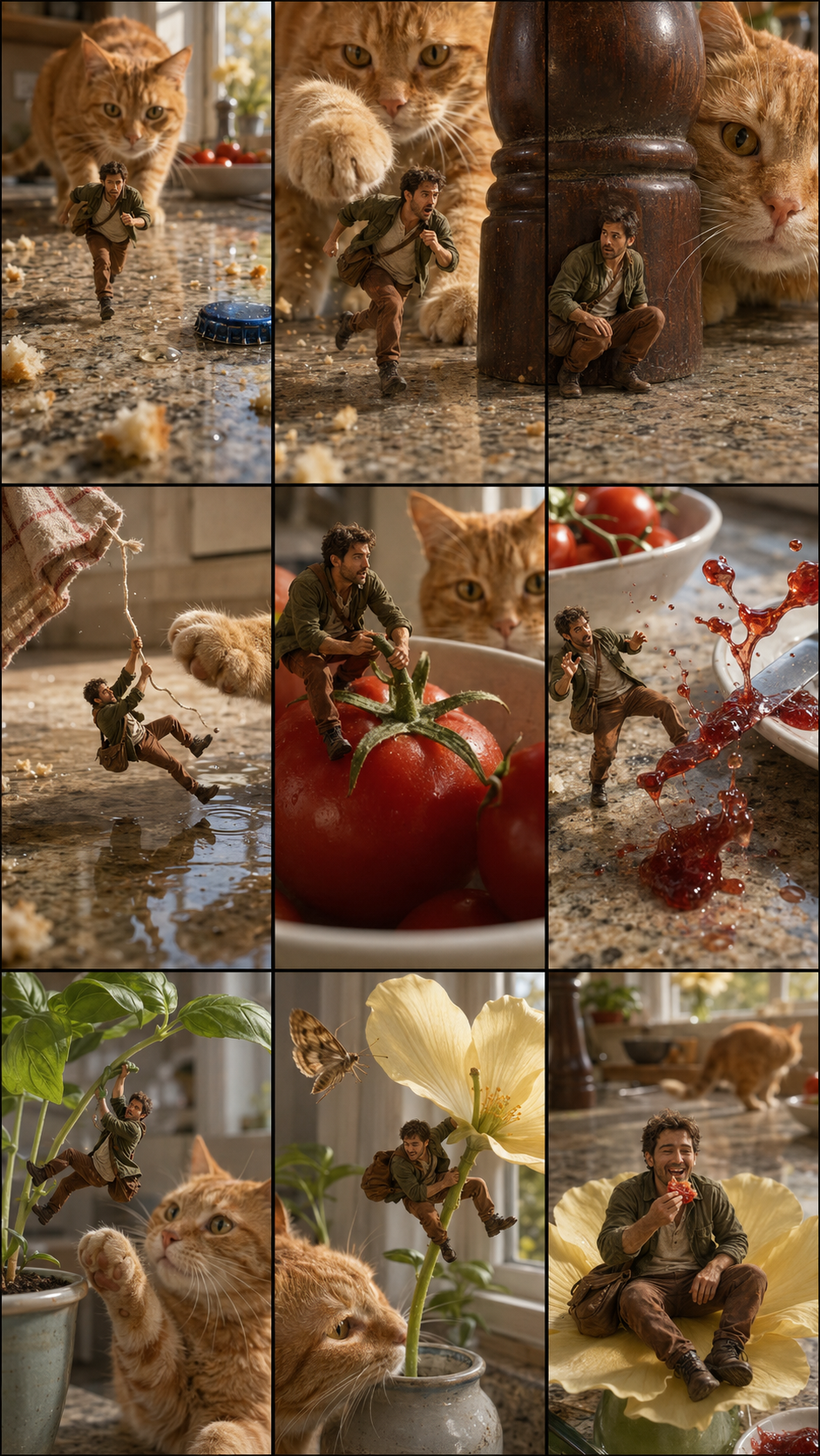 Nine-scene cinematic storyboard featuring a tiny man escaping from a giant ginger cat